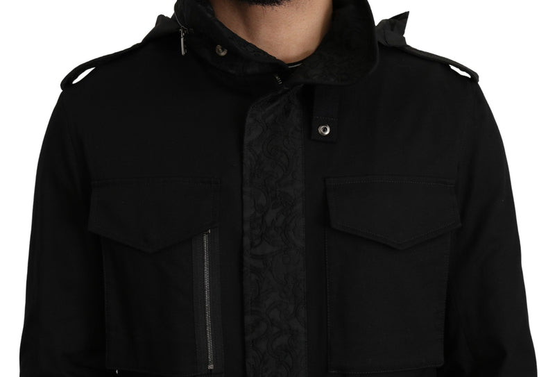 Black Solid Jacquard Coat Hooded Jacket