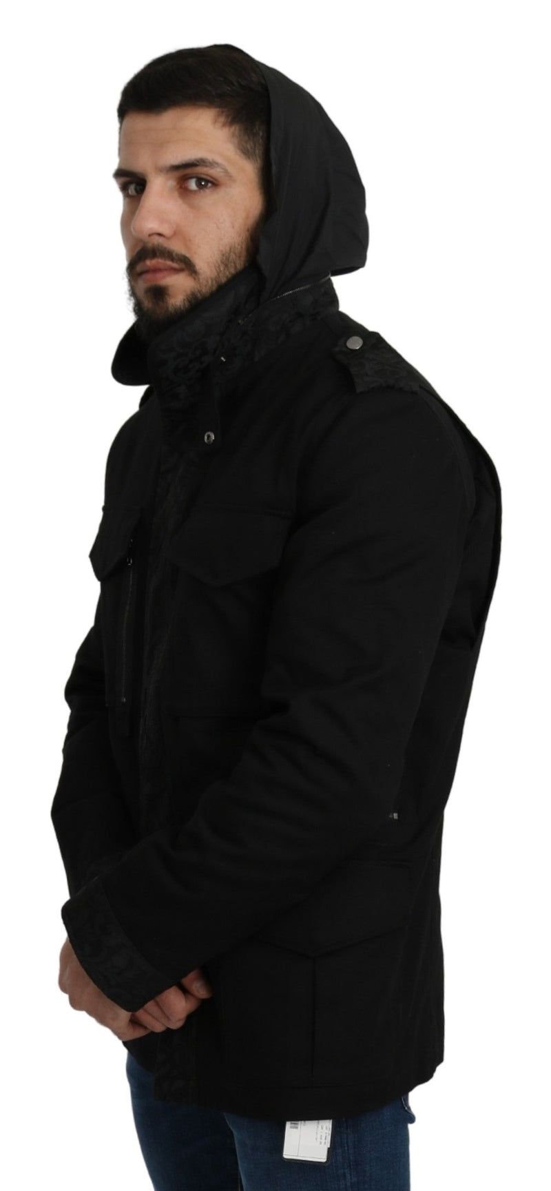 Black Solid Jacquard Coat Hooded Jacket