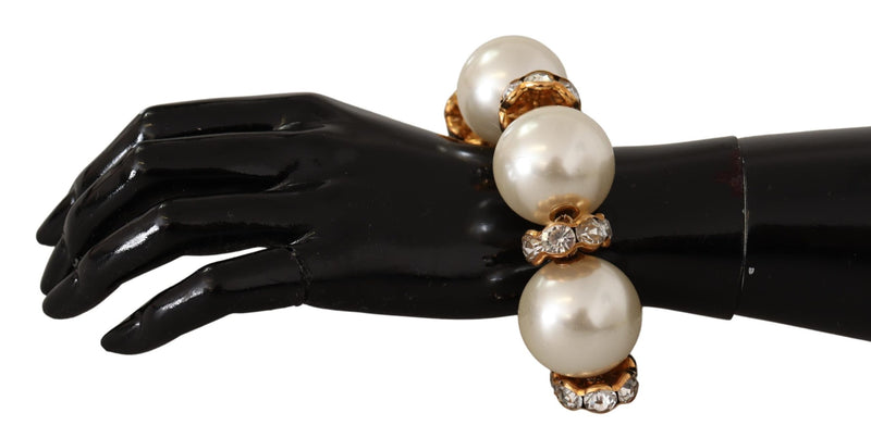 Gold Tone Brass Crystal Maxi Pearl Embellished Bracelet