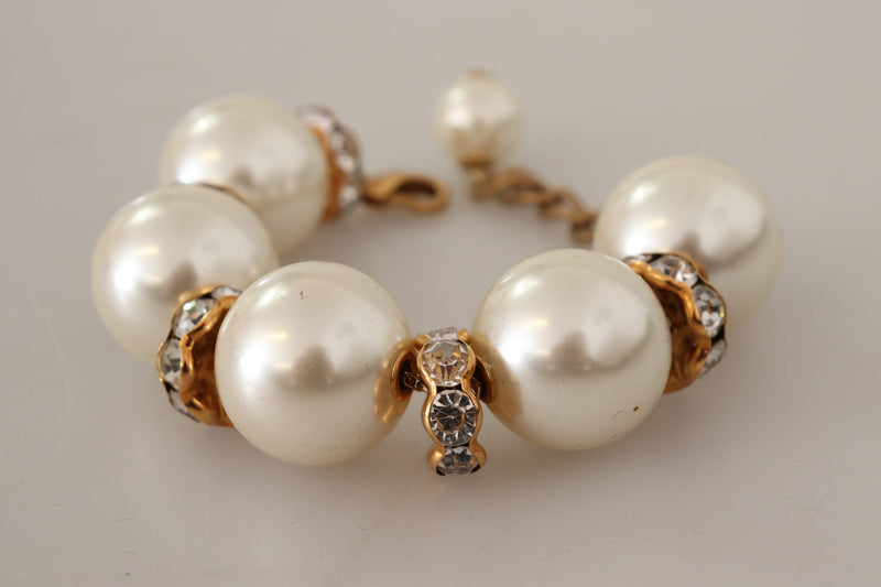 Gold Tone Brass Crystal Maxi Pearl Embellished Bracelet