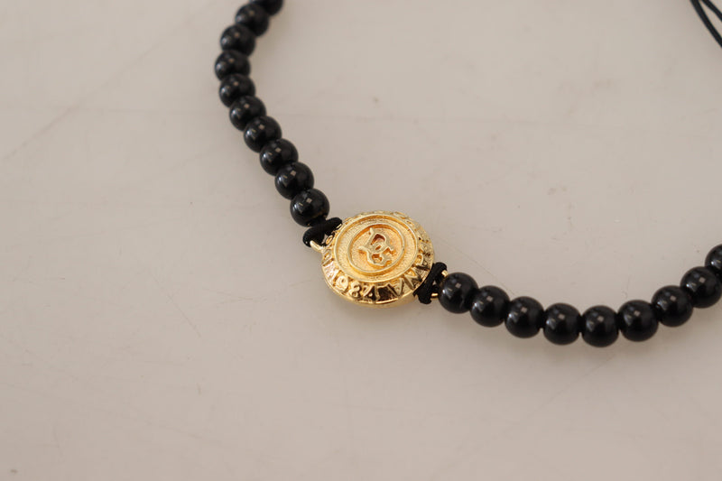 Black Beaded Gold Tone Brass Logo Branded Bracelet