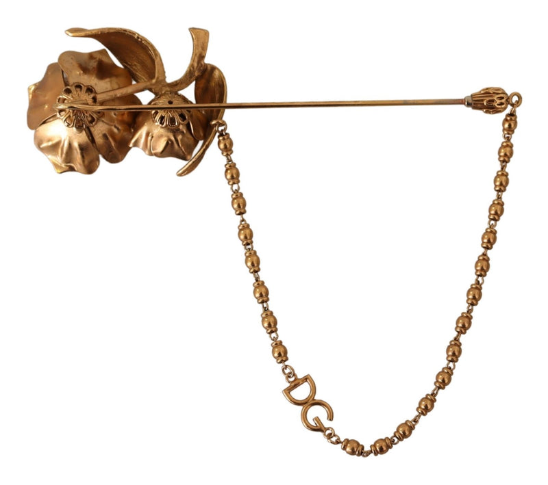 Gold Tone Real Brass Flower Chain Pin Brooch