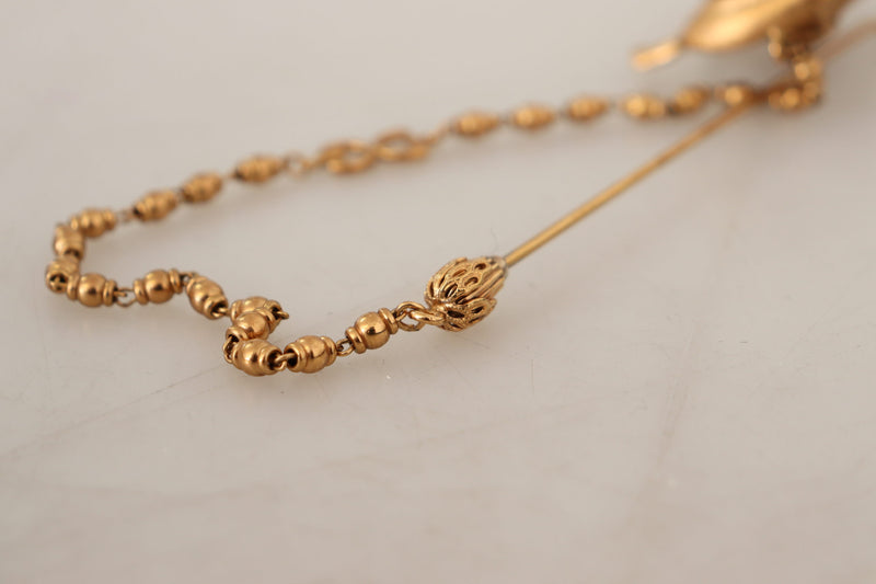 Gold Tone Real Brass Flower Chain Pin Brooch