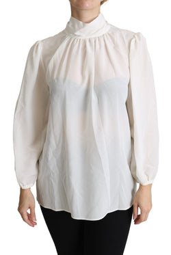 White Silk Pussy Bow Long Sleeved Top Blouse