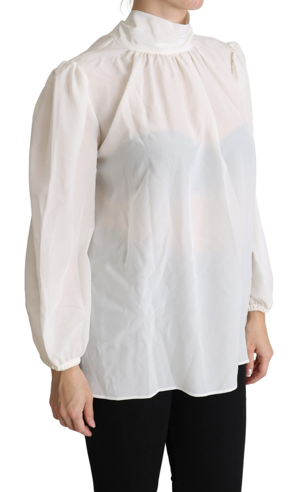 White Silk Pussy Bow Long Sleeved Top Blouse