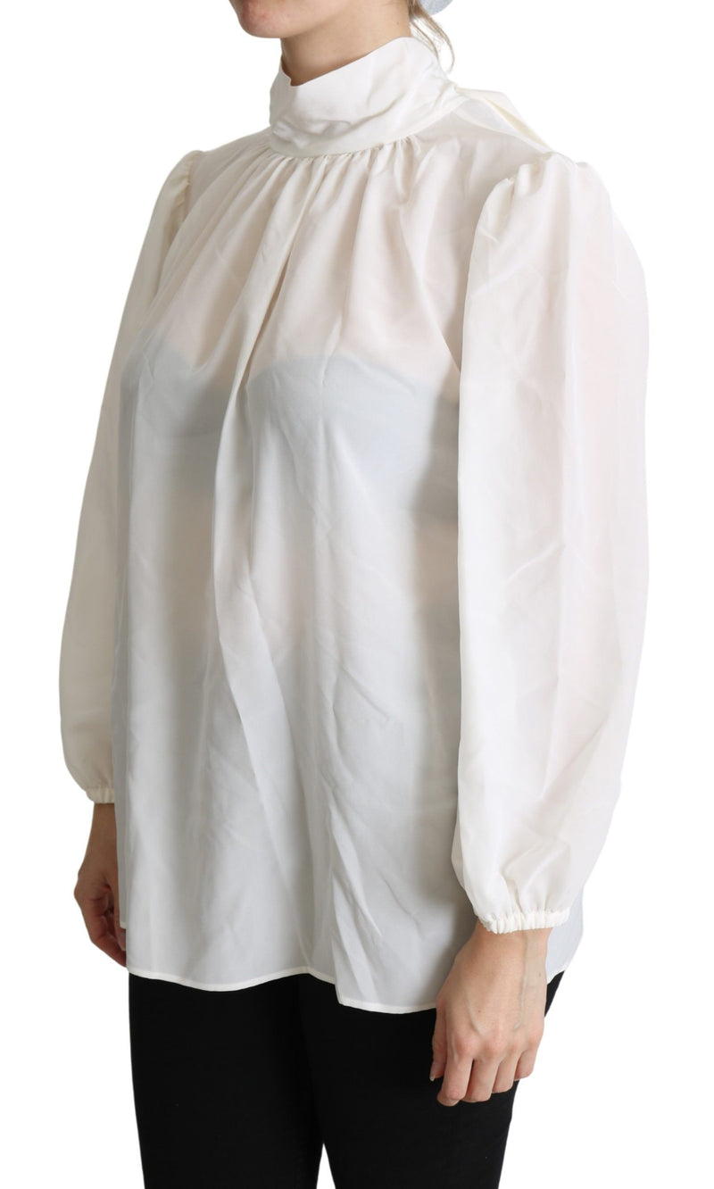 White Silk Pussy Bow Long Sleeved Top Blouse