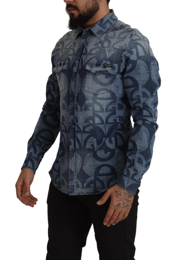 Blue Denim Stretch DG Logo Casual Mens Slim Shirt