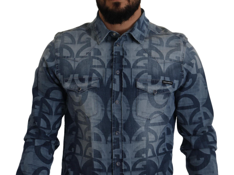 Blue Denim Stretch DG Logo Casual Mens Slim Shirt