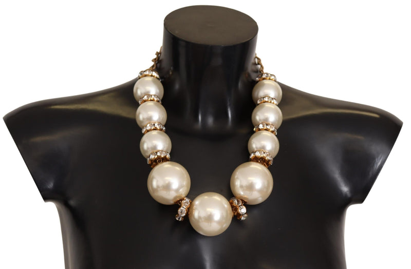 Gold Brass White Maxi Faux Pearl Beads Crystals Necklace