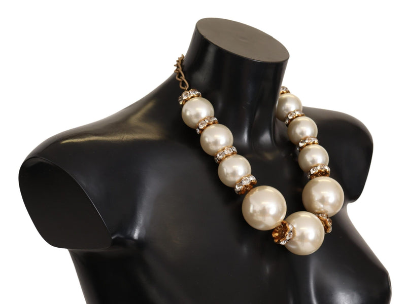 Gold Brass White Maxi Faux Pearl Beads Crystals Necklace