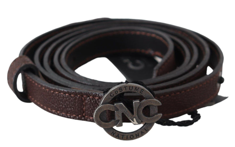 Brown Skinny Leather Round Logo Buckle Belt