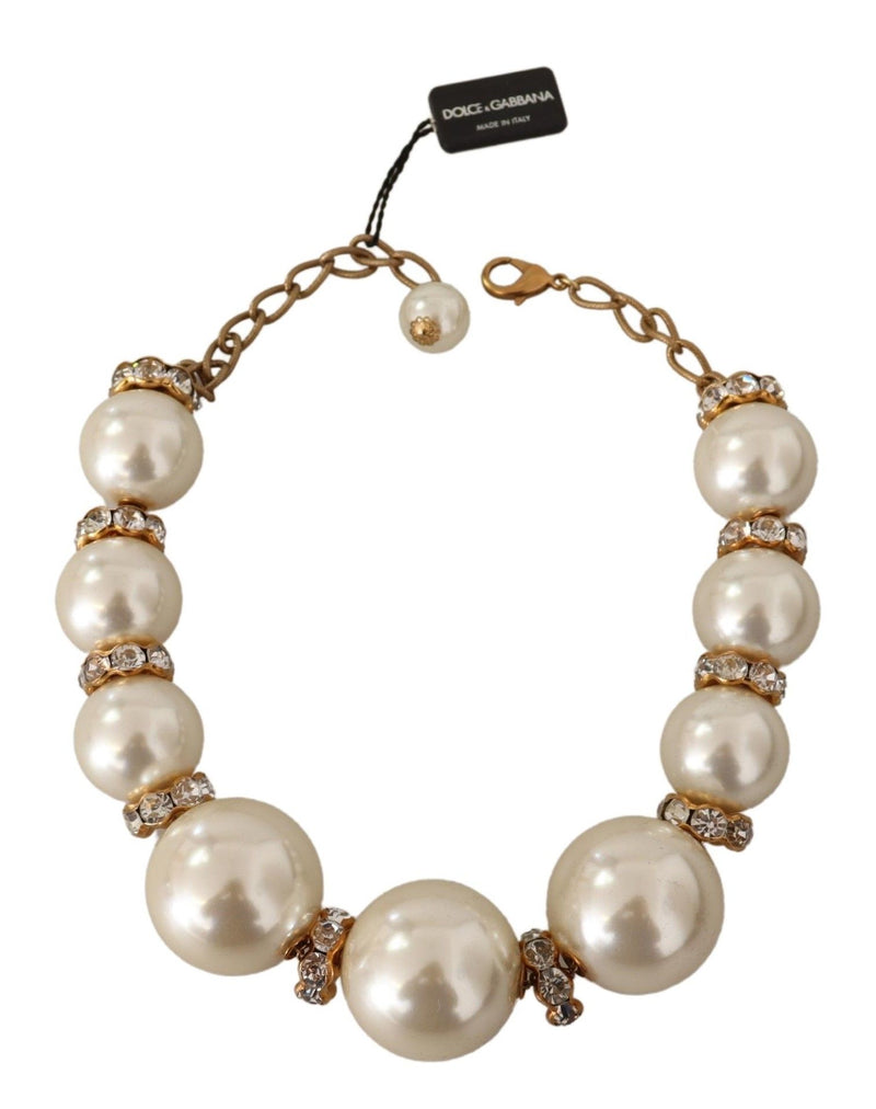 Gold Brass White Maxi Faux Pearl Beads Crystals Necklace