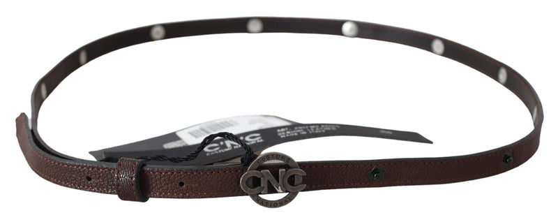 Brown Skinny Leather Round Logo Buckle Belt