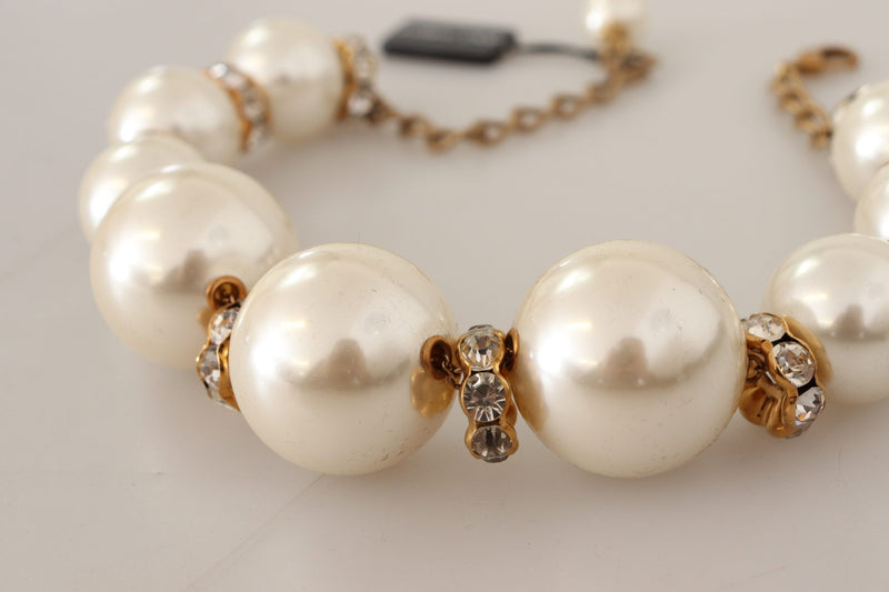 Gold Brass White Maxi Faux Pearl Beads Crystals Necklace