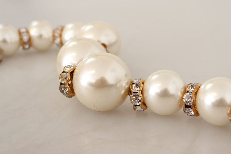 Gold Brass White Maxi Faux Pearl Beads Crystals Necklace