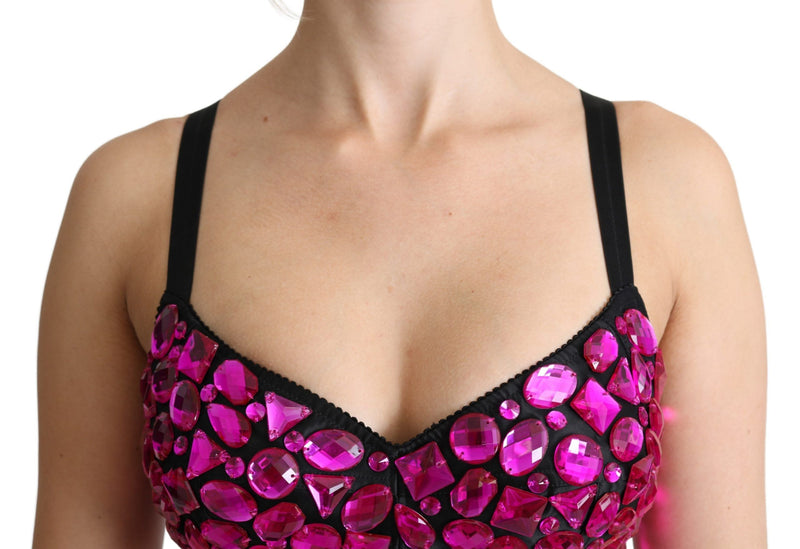 Black Bustier Fuchsia Crystal-Embellished Cropped Top