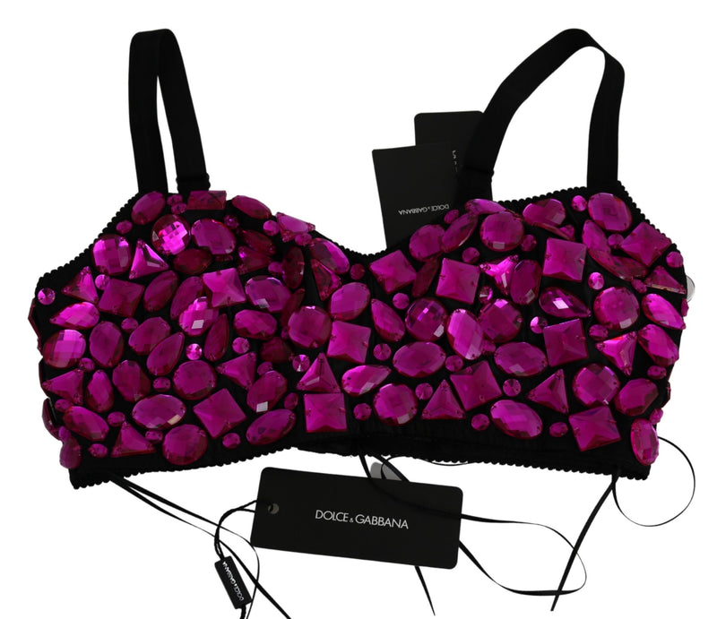 Black Bustier Fuchsia Crystal-Embellished Cropped Top