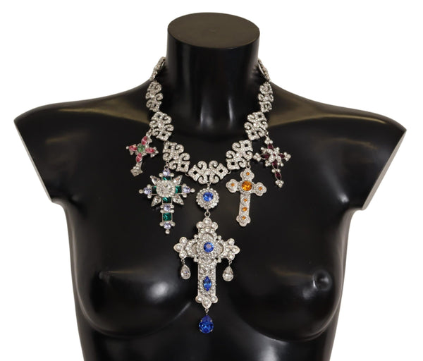 Silver Crystal Cross Pendant Statement Necklace