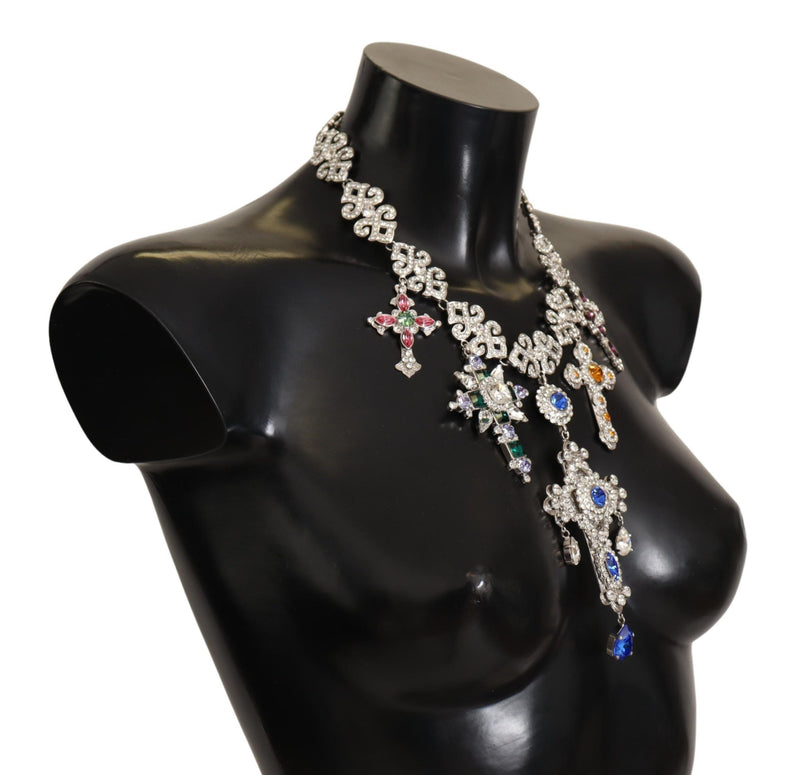 Silver Crystal Cross Pendant Statement Necklace