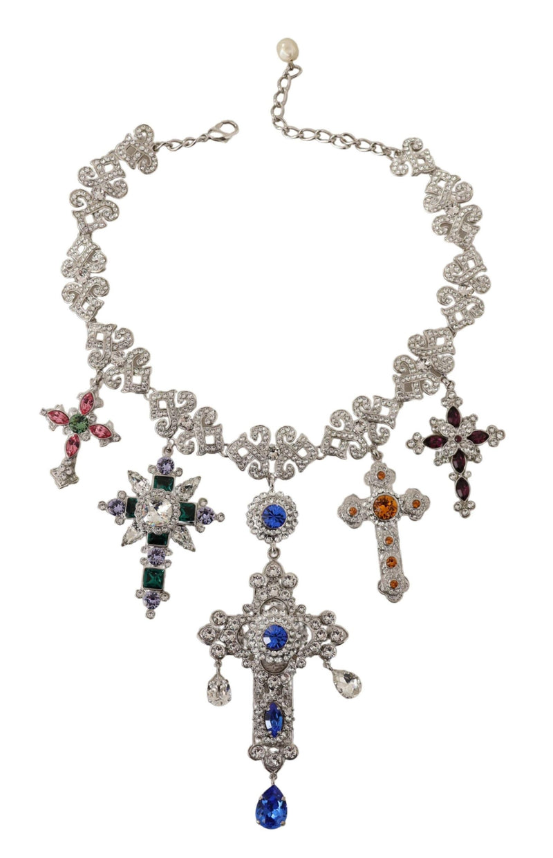 Silver Crystal Cross Pendant Statement Necklace