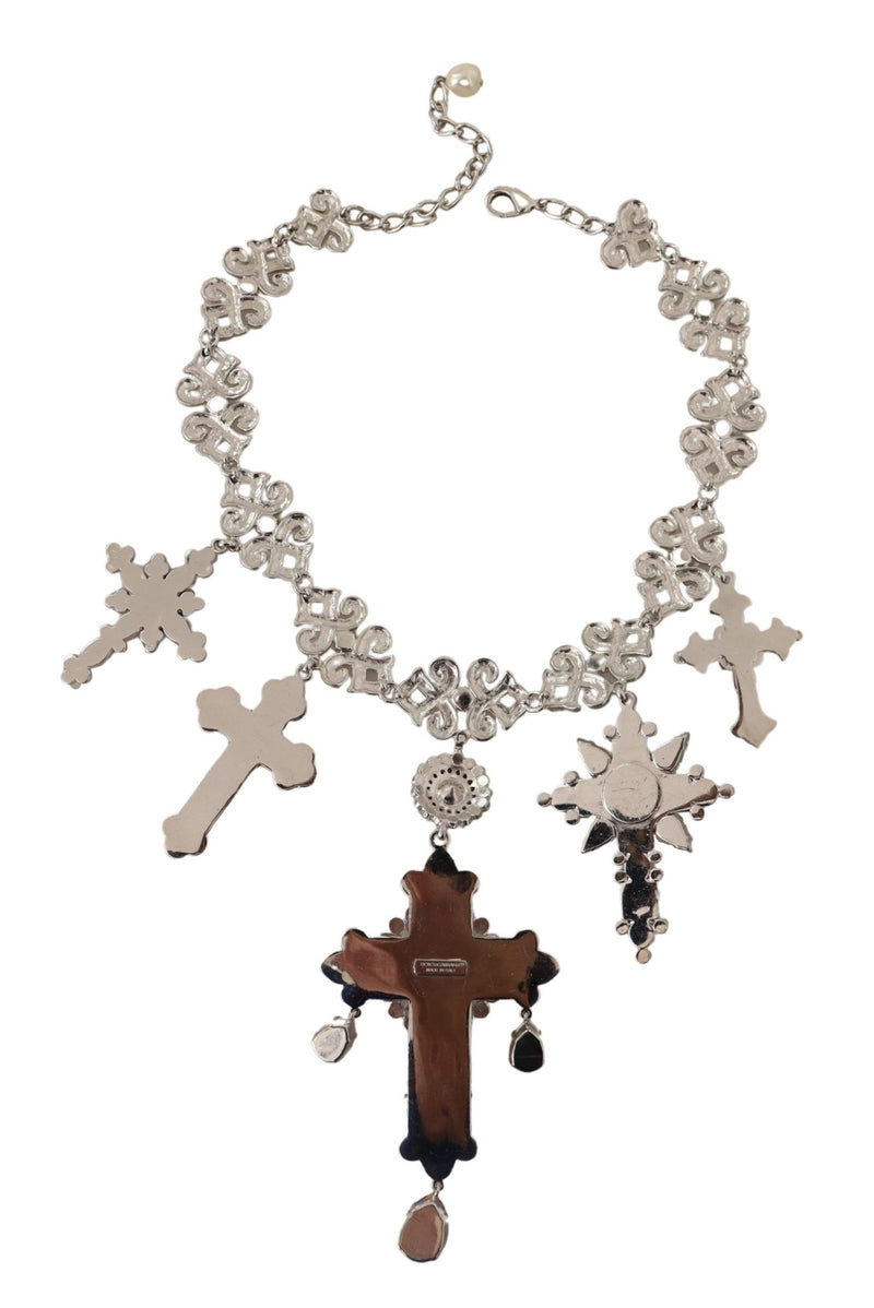 Silver Crystal Cross Pendant Statement Necklace