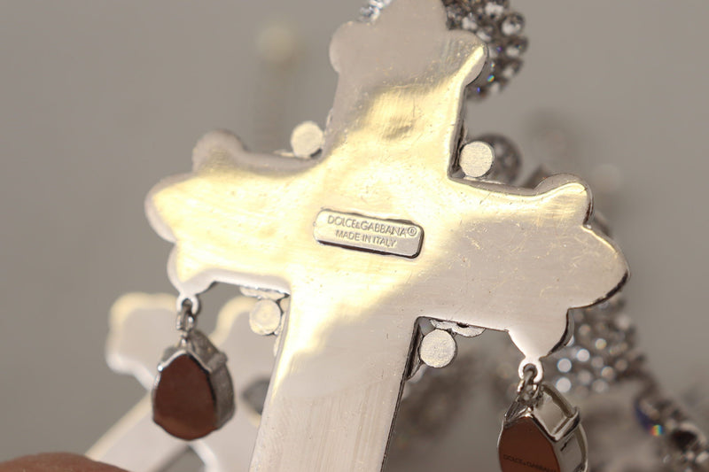 Silver Crystal Cross Pendant Statement Necklace