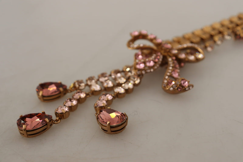 Gold Brass Sicily Pink Crystal Bow Statement Necklace