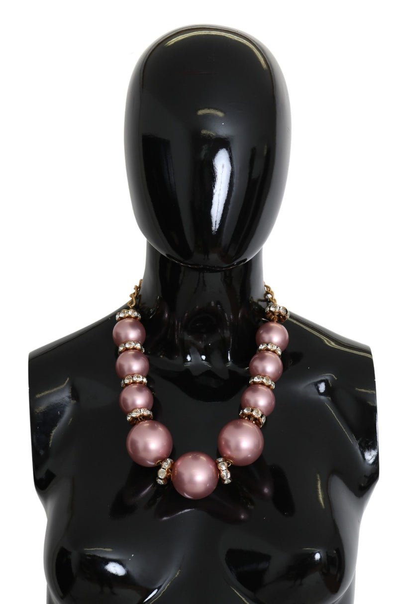 Gold Brass Pink Maxi Faux Pearl Beads Crystals Necklace