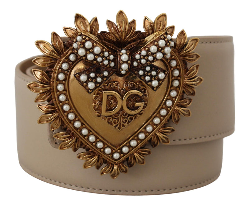 Beige Leather Gold DEVOTION Heart Buckle Belt