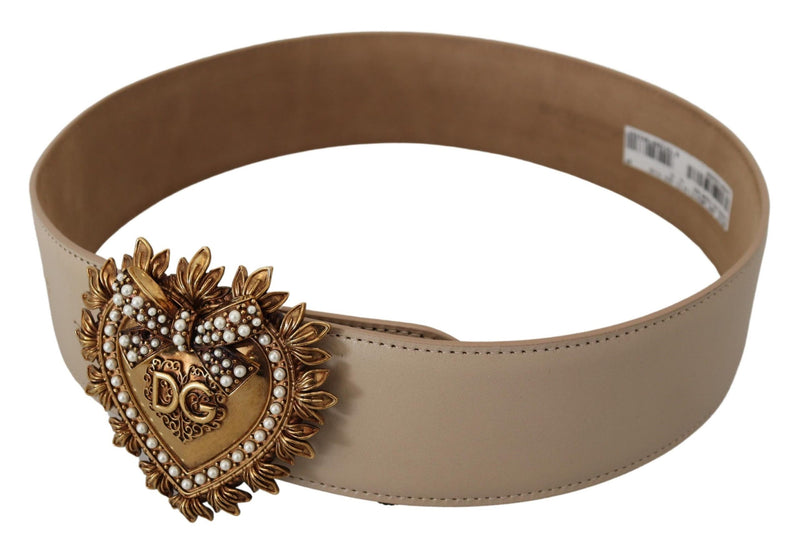 Beige Leather Gold DEVOTION Heart Buckle Belt