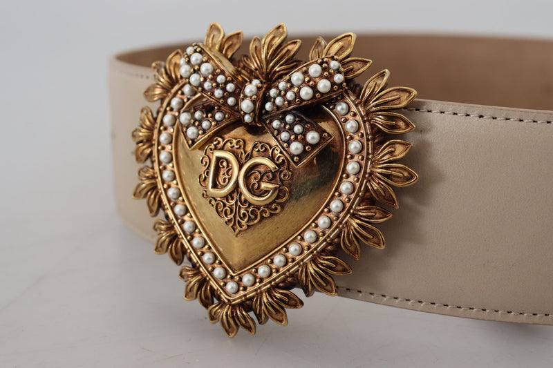 Beige Leather Gold DEVOTION Heart Buckle Belt