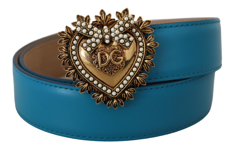 Blue Leather Gold DEVOTION Heart Buckle Belt