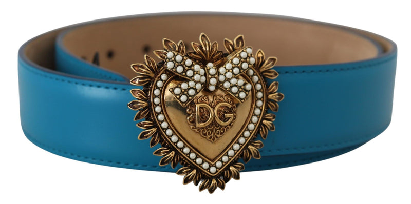 Blue Leather Gold DEVOTION Heart Buckle Belt