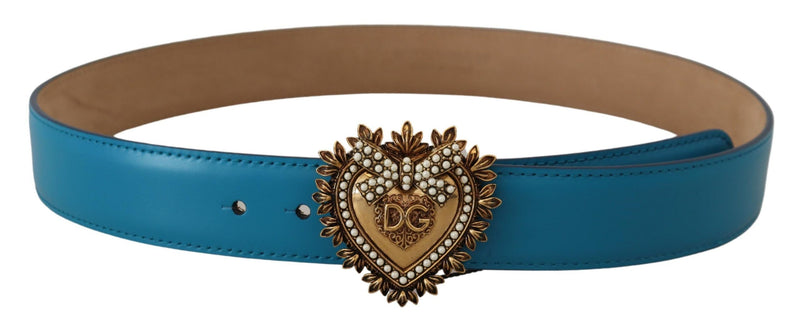 Blue Leather Gold DEVOTION Heart Buckle Belt