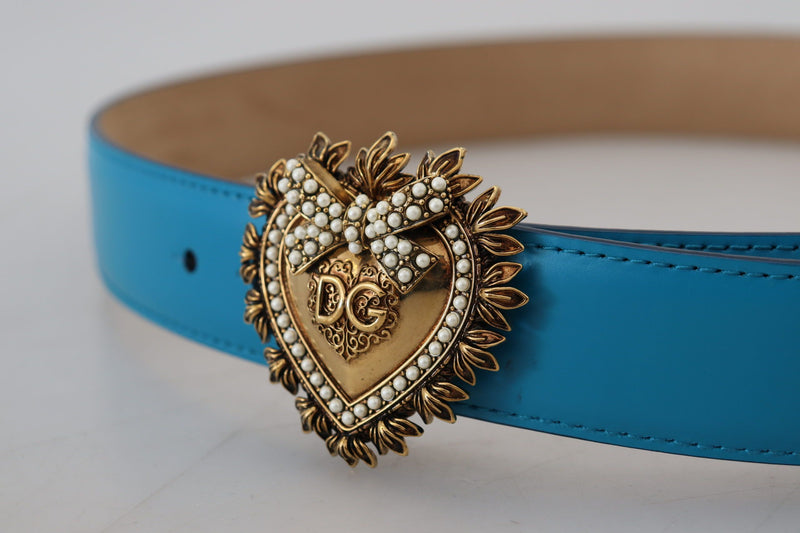 Blue Leather Gold DEVOTION Heart Buckle Belt