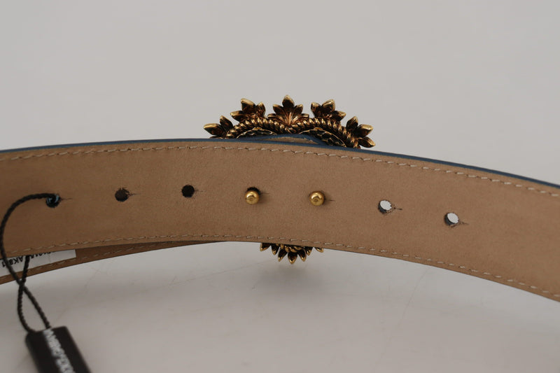 Blue Leather Gold DEVOTION Heart Buckle Belt