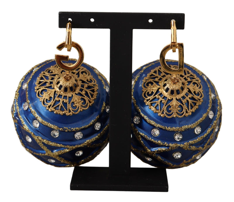 Blue Christmas Ball Crystal Hook Gold Brass Earrings