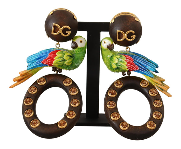 Gold Brass Wood Parrot Hoop Clip-on Jewelry Dangling Earrings