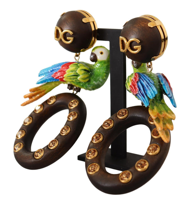 Gold Brass Wood Parrot Hoop Clip-on Jewelry Dangling Earrings