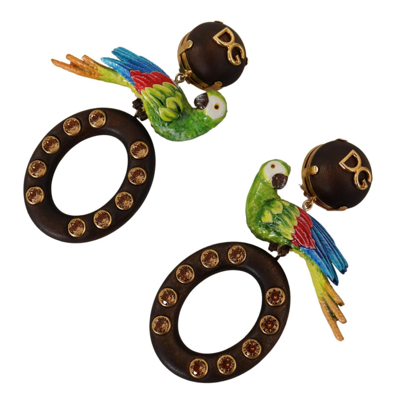 Gold Brass Wood Parrot Hoop Clip-on Jewelry Dangling Earrings