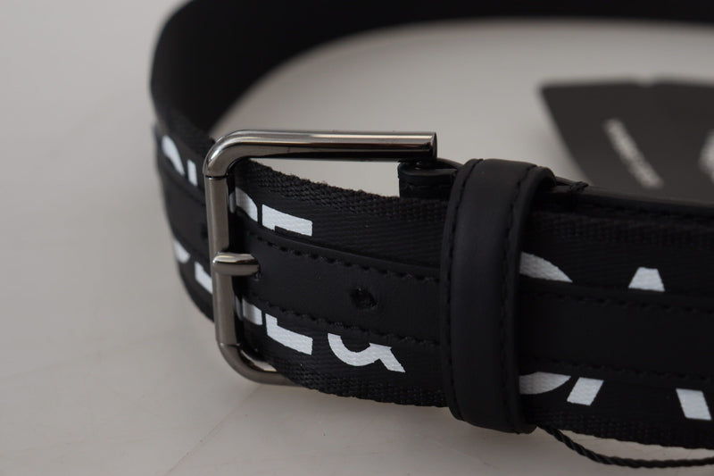 Black White Logo Print Silver Metal Buckle Belt