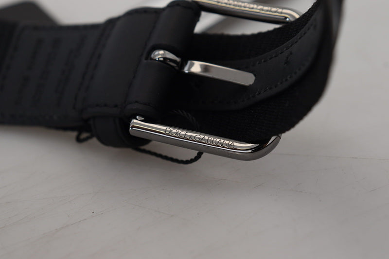 Black White Logo Print Silver Metal Buckle Belt