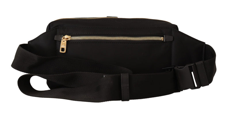 Black Nylon Embossed Logo Two-Way Zip Fanny Pack Bag