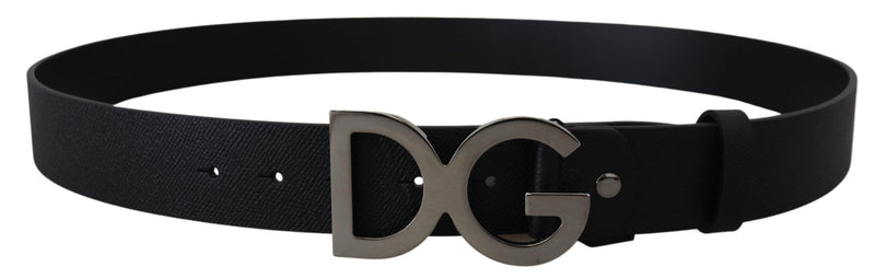 Black Leather Silver Logo Metal Buckle Belt