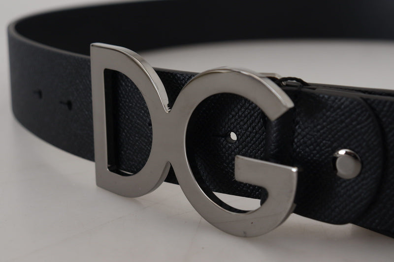 Black Leather Silver Logo Metal Buckle Belt