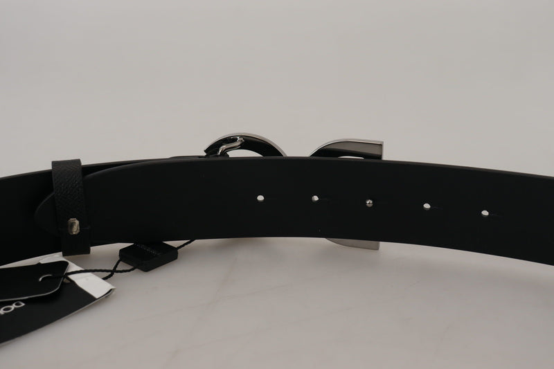 Black Leather Silver Logo Metal Buckle Belt