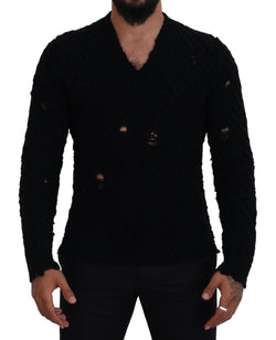 Black Wool V-neck Knitted Pullover Sweater