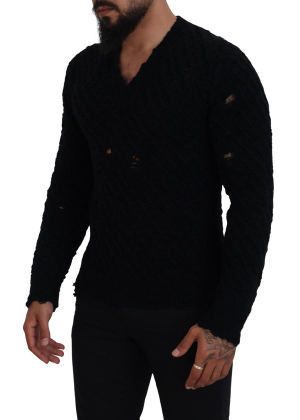 Black Wool V-neck Knitted Pullover Sweater