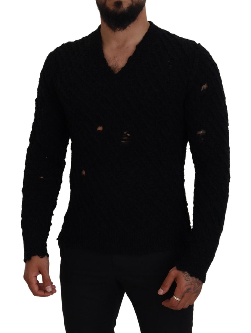 Black Wool V-neck Knitted Pullover Sweater