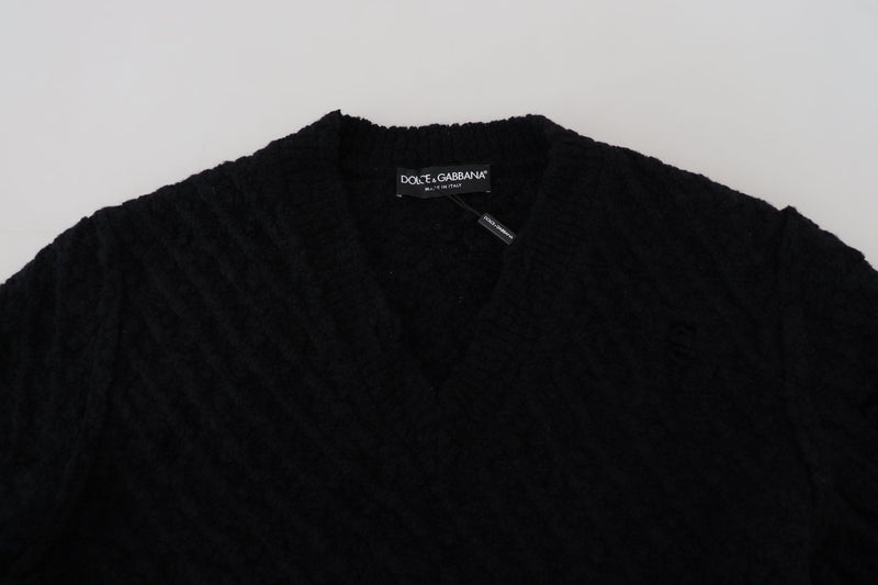 Black Wool V-neck Knitted Pullover Sweater